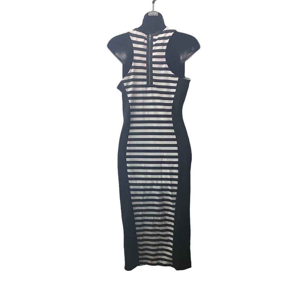 Nicki Minaj Black White Bodycon Dress Size Large back Zipper Stretch Striped - Picture 2 of 12
